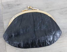 Vintage Black Leather Kiss Lock Coin Purse Clutch Pouch Retro Frame Wallet