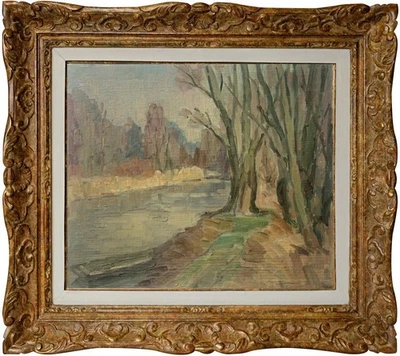 ANCIENNE PEINTURE POST-IMPRESSIONNISTE VERS 1950 PAYSAGE DU RIED EN ALSACE - Photo 1/4