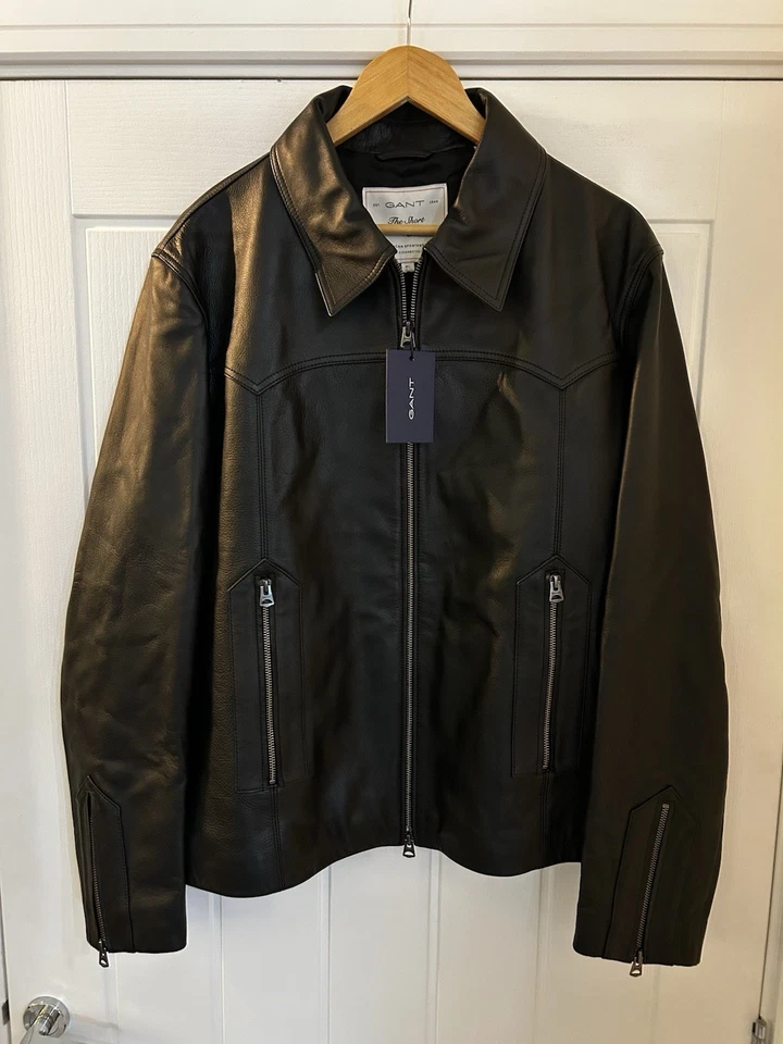 Mens Gant XL Short Leather Jacket - BNWT Black F-Zip Collar Leather Jkt RRP £700 - Image 2 of 4