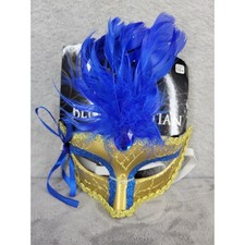 Blue Venetian Mask Masquerade Ball Party Feather Glitter Gold Trim Costume