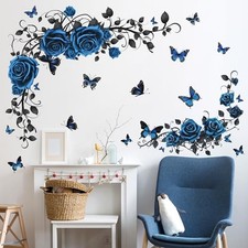 Removable Floral Rose Wall Decor 3D Peel and Stick Flower Vine Black Blue