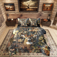 Hunting Deer Bedding Set 7-Piece for Men Deer Camo Comforter Set King Brown