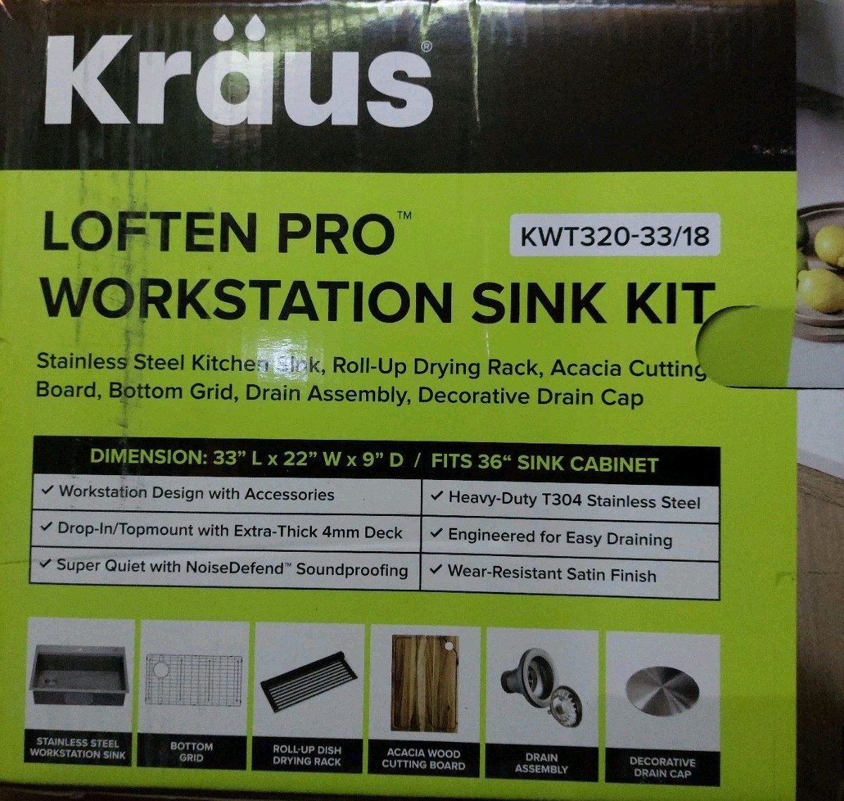 KRAUS LOFTEN PRO 33 in. DROP IN UNDERMOUNT SINGLE BOWL KITCHEN WORKSTATION SINK