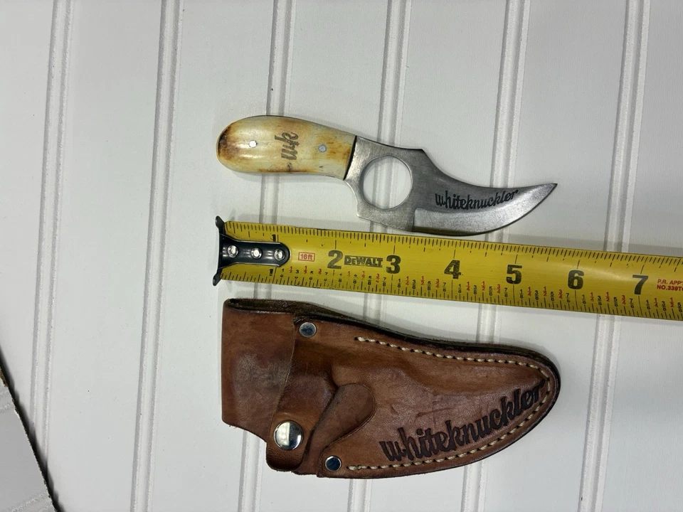 Whiteknuckler 固定刀片刀 D2 钢喇叭手柄美国带皮革鞘 — 第 3/4 张图片