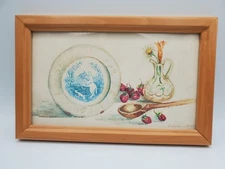 Original Watercolor Painting Strawberry Plate Vase Spoon OOAK Framed Vintage