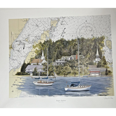 Eagle Harbor Sailboats Map Nautical Signed Numbered 21x25 Print John W Price