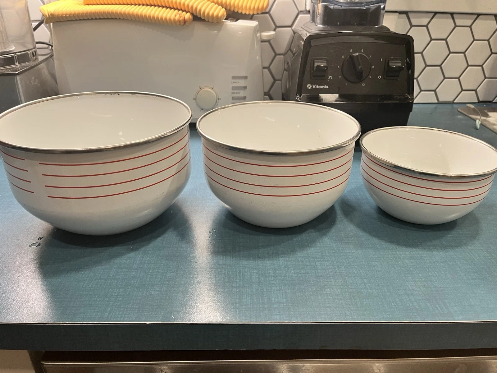 Vintage M. Kamenstein Enamelware Mixing Bowl Striped Red White Nesting Set of 3