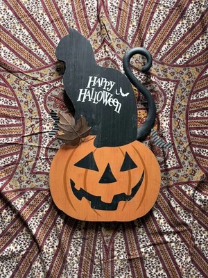 Wood Halloween Decor Sign Painted Black Cat & Jack-o'-Lantern