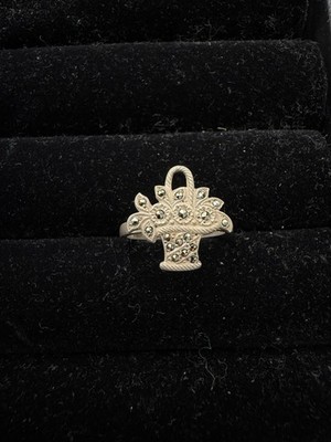 925 Fine Silver Hamsa Hand Ring Protection Theme Marcasite Accent Jewelry