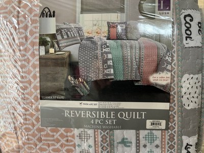Lush Decore Twin Llama Reversible Quilt Bed 4pc Set 2 Decore Pillow, Sham