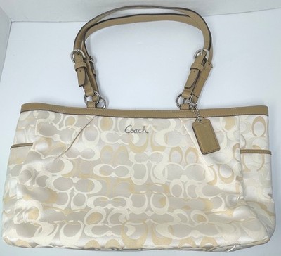 Coach Gallery 3 Color Signature Cream Sateen Tote Shoulder Bag F17882 Good Cond.