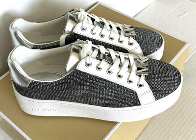 New Michael Kors Poppy Lace up Glitter Chain Mesh sneakers size 5.5 White Silver