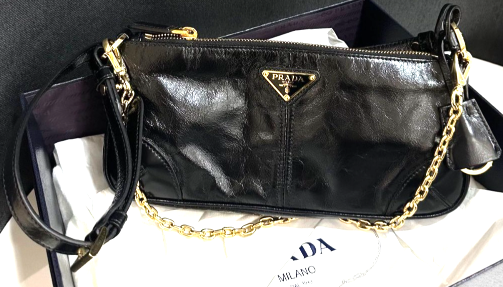 PRADA Black Gold Oil Waxed Leather Triangular Enamel Shoulder Handbag