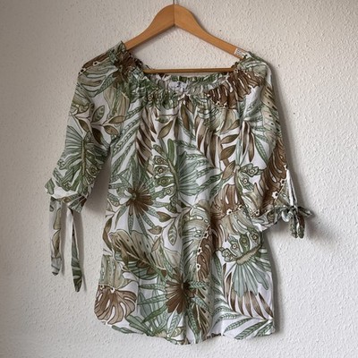 Haily's Green & Brown Leaf Print Blouse XS 2592