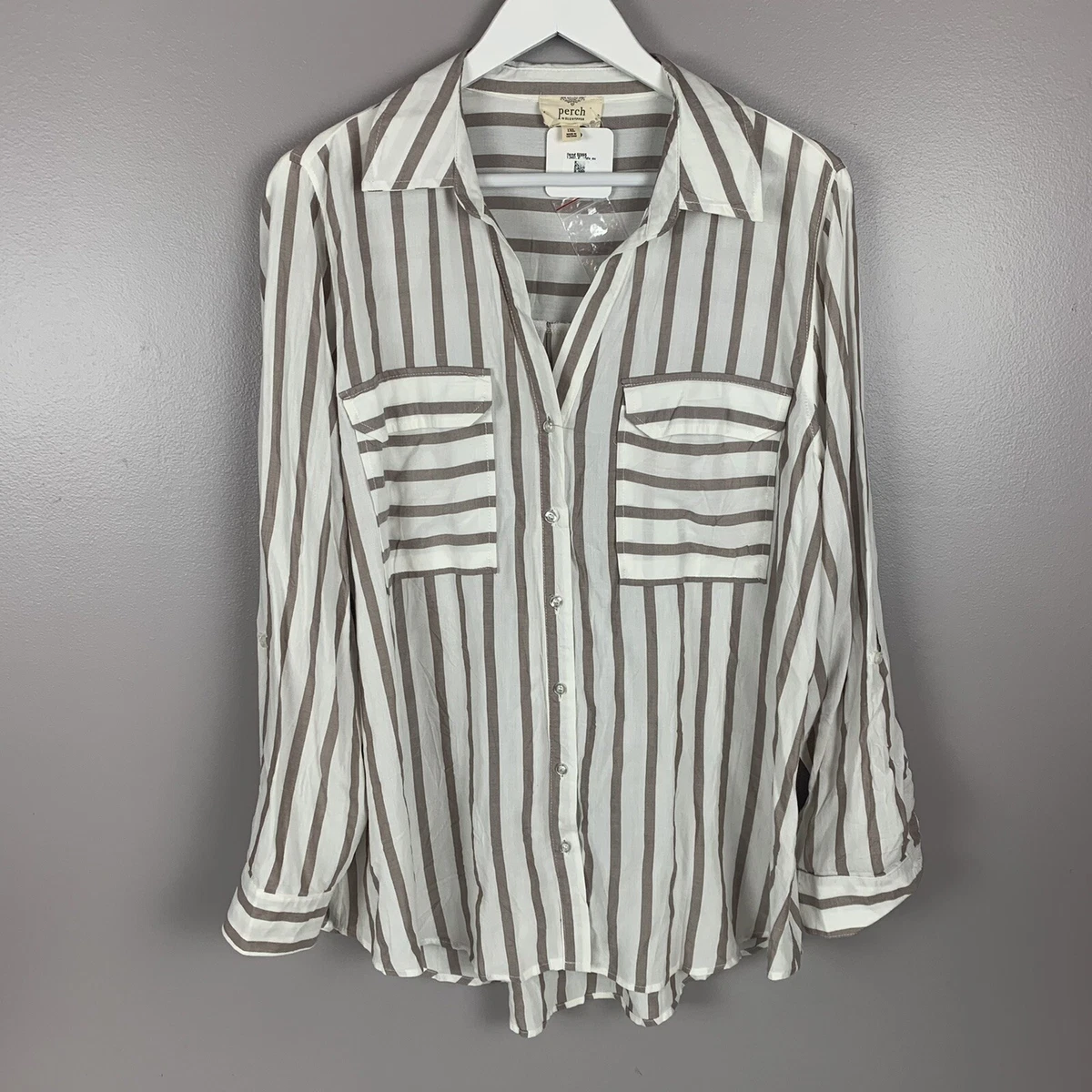 Perch By Blu Pepper Womens 1XL Button Up Shirt Top Striped White