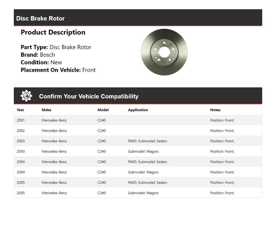 Rotor de freno de disco delantero QuietCast para Mercedes C240 Bosch 2001-2005 2002 2003 Foto 2 de 4