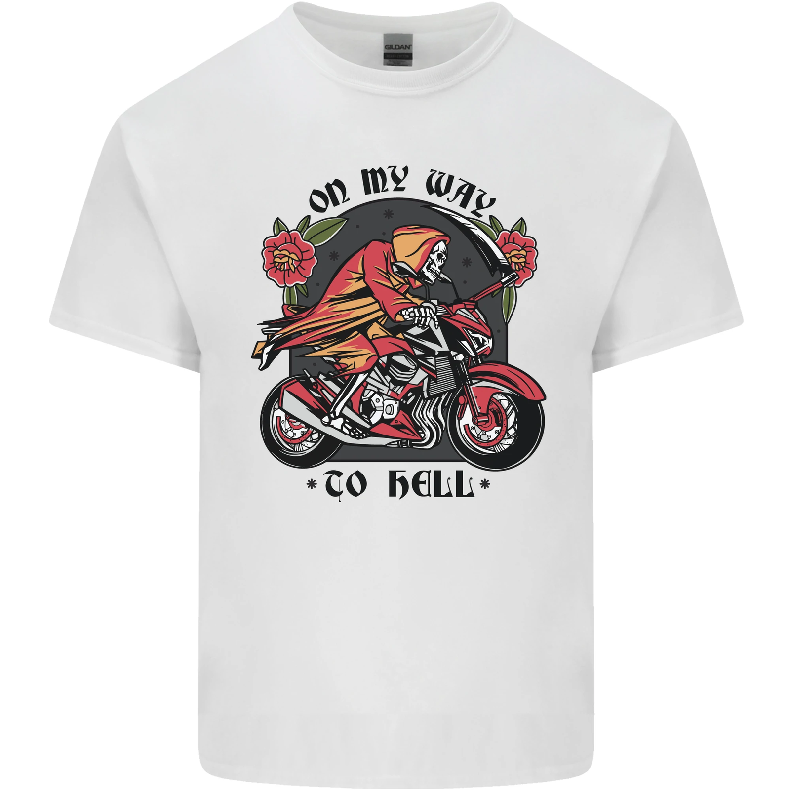 Biker On My Way to Hell Motorbike Skull Mens Cotton T-Shirt Tee Top