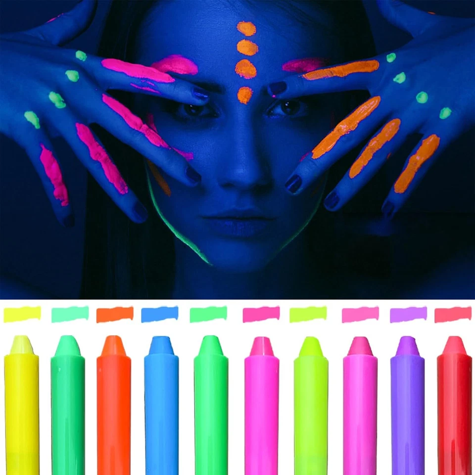 Pintura facial y corporal de neón con luz UV y negra de 10 colores que brilla en la oscuridad Foto 4 de 4