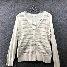 NWT Charter Club Cardigan Womens L Ivory Gold Metallic Stretch Button Front