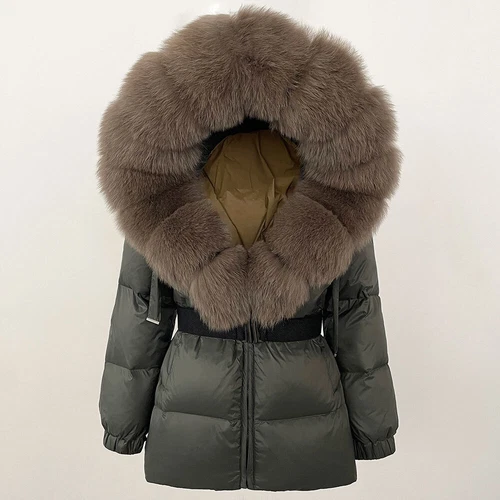 Winterjacke Damen echt Fuchspelz Kapuze dick warm weiß Entendaunenmantel - Bild 23 von 35