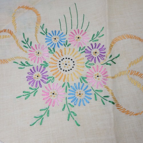 Vintage Embroidered Cross Stitch Flower Bouquet Linen Tablecloth Crocheted Edge - Picture 4 of 6