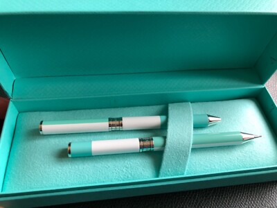 Tiffany & Co. Color Block pen pencil set brass Blue White lacquer