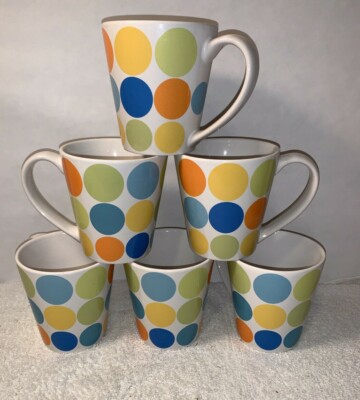 (6) nice Crate & Barrel multi-color Polka Dot Coffee Tea Cocoa Mugs long OOP