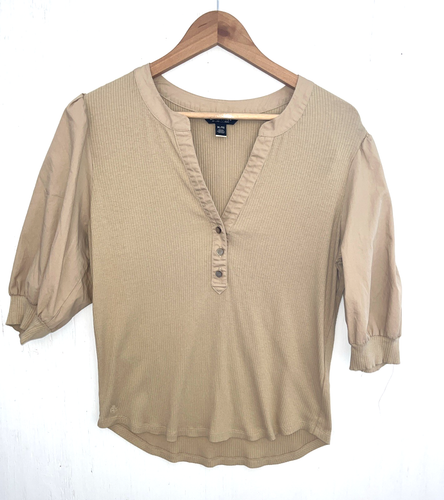 Lauren Ralph Lauren Beige Ribbed Puff Sleeve Henley Top Blouse Size XL - Picture 2 of 5