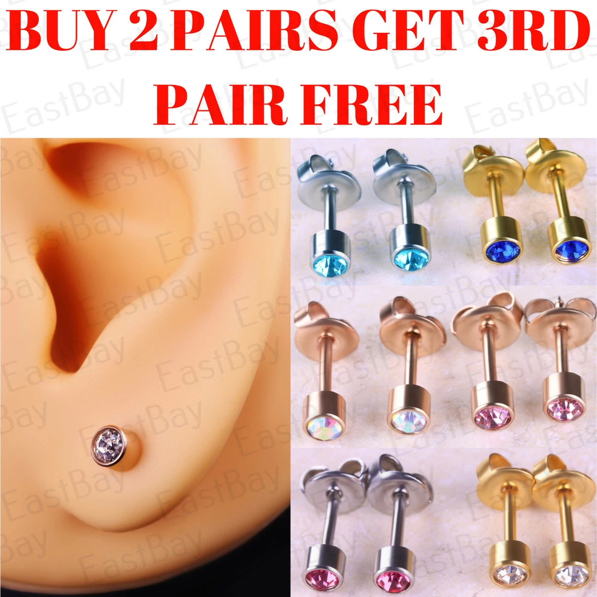 Ear Piercing Studs Stud Earrings Surgical Steel Pairs Rose Gold Silver