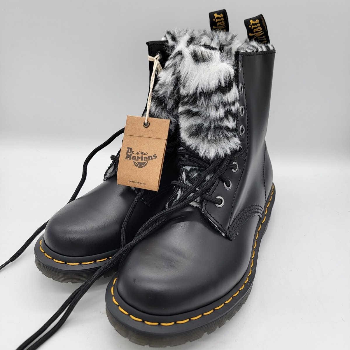 Dr. Martens 1460 Serena Zebra Faux Fur Lined Black Combat Boots