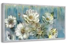 Ardemy Flowers Teal Wall Art Canvas Magnolia White Floral Picture Textured Pa...