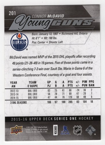 CONNOR McDAVID 2015-16 PONT SUPÉRIEUR JEUNES CANONS N° 201 70442 - Photo 3 sur 3