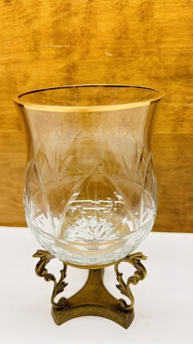 Vintage Cut Crystal Glass Hurricane Candle Holder With Brass Stand 9" - Picture 2 of 7