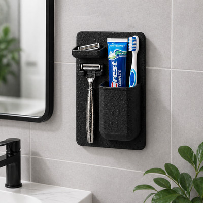 No Drill Bathroom Organizer for Renters | Razor Toothbrush Holder w/ Strips