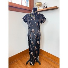 Vintage Esme Black Satin Cheongsam Qipao Dress Floral Embroidery Maxi 38 M