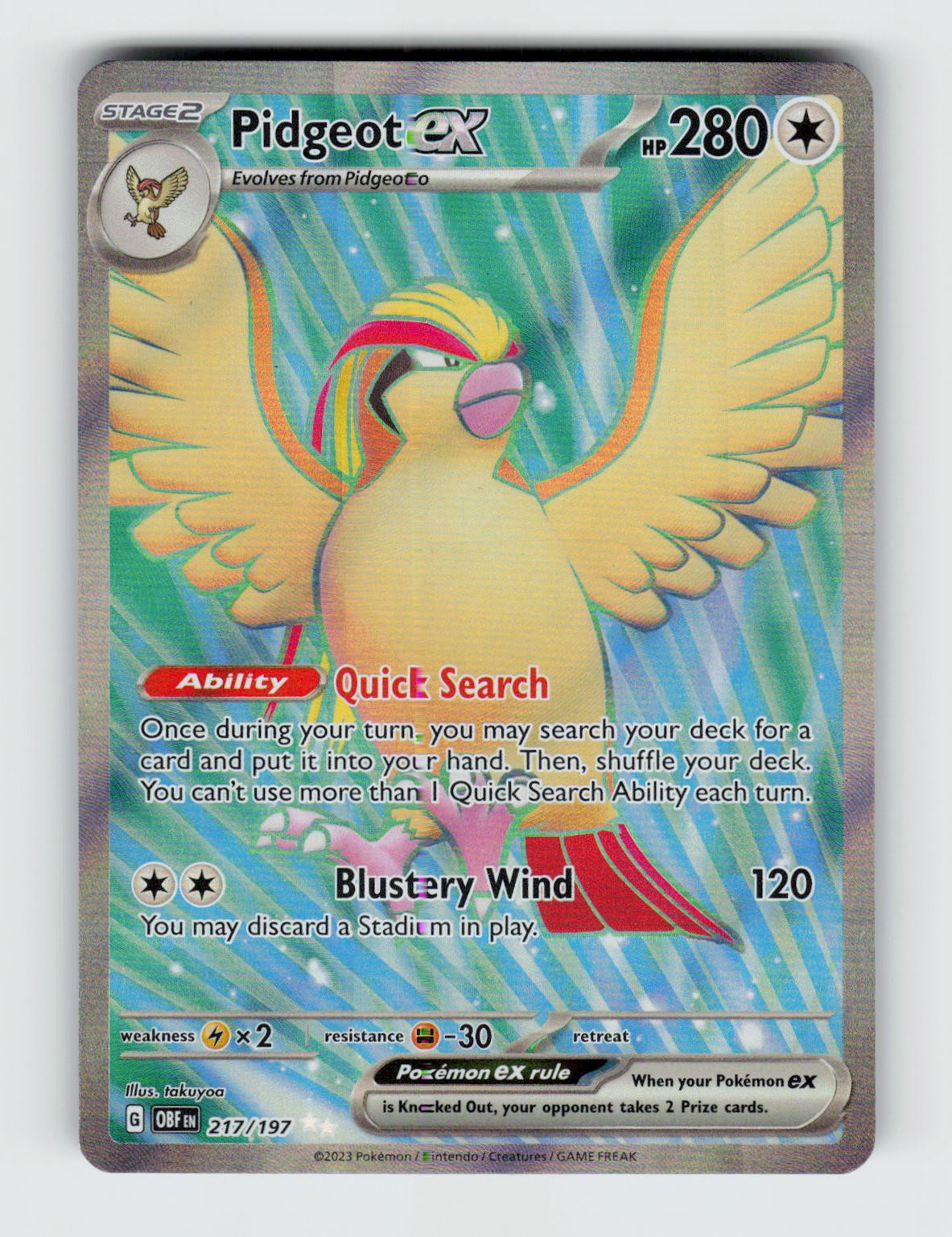 Pidgeot ex 217/197 Holo Ultra Rare Obsidian Flames Pokemon 2023 Near Mint