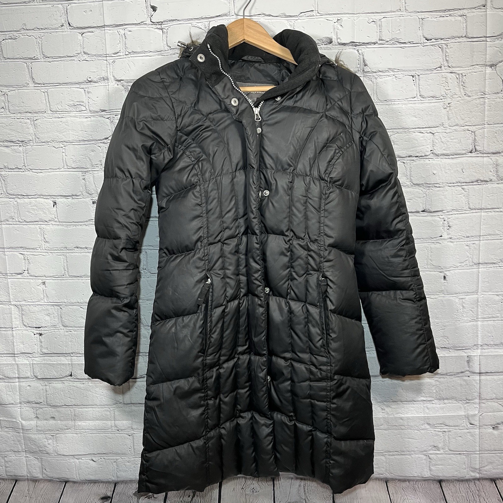 Eddie Bauer Goose Down Jacket Womens Petite XS Black Long Parka Faux Fur Hooded