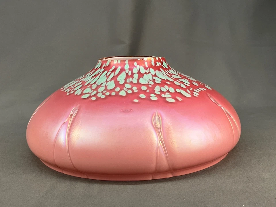 Antique Bohemian Cranberry Iridescent Dots/Threads Blown Glass 11 3/4" Fit Shade - Image 4 of 4