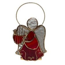 Vintage Stained Glass Angel Red Playing A Harp Frosted Candle Holder Stands Up