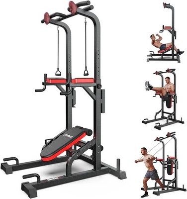 Pooboo Multi-Function Power Tower w/Elastic Ropes Pull Up Bar Dip Station