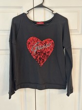 GUESS Women’s Red Heart Sequin Logo Accent Distressed Tunic Blouse Shirt Size XS