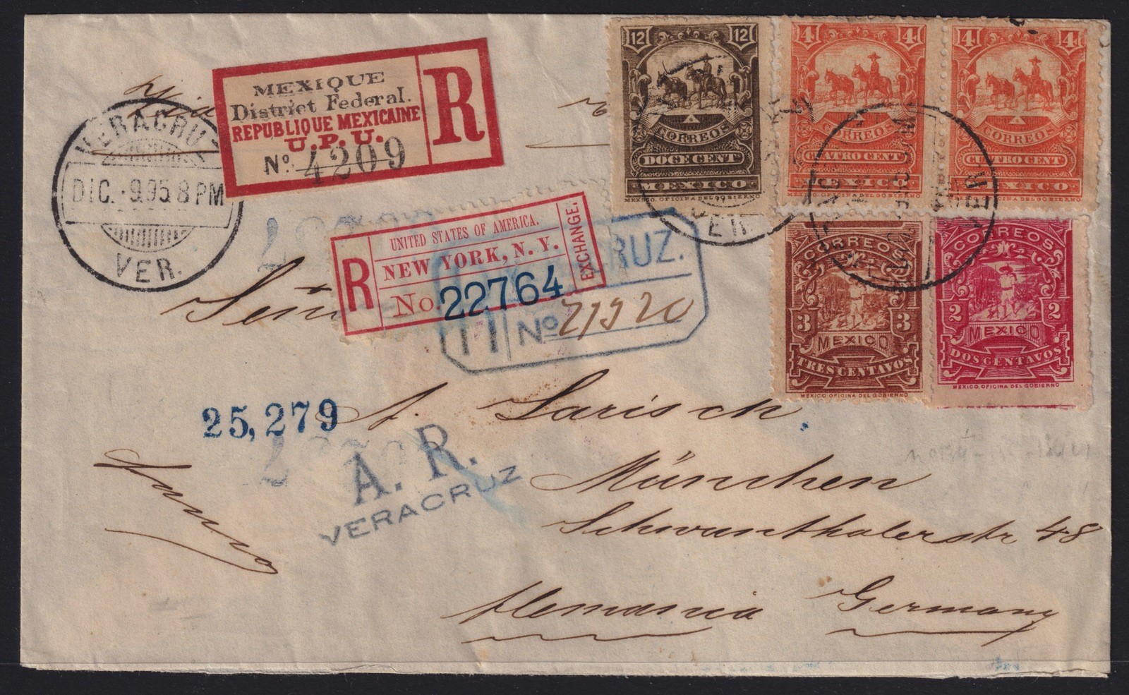 MEXICO ~1895, REGISTERED LETTER FROM  VERA CRUZ TO GERMANY