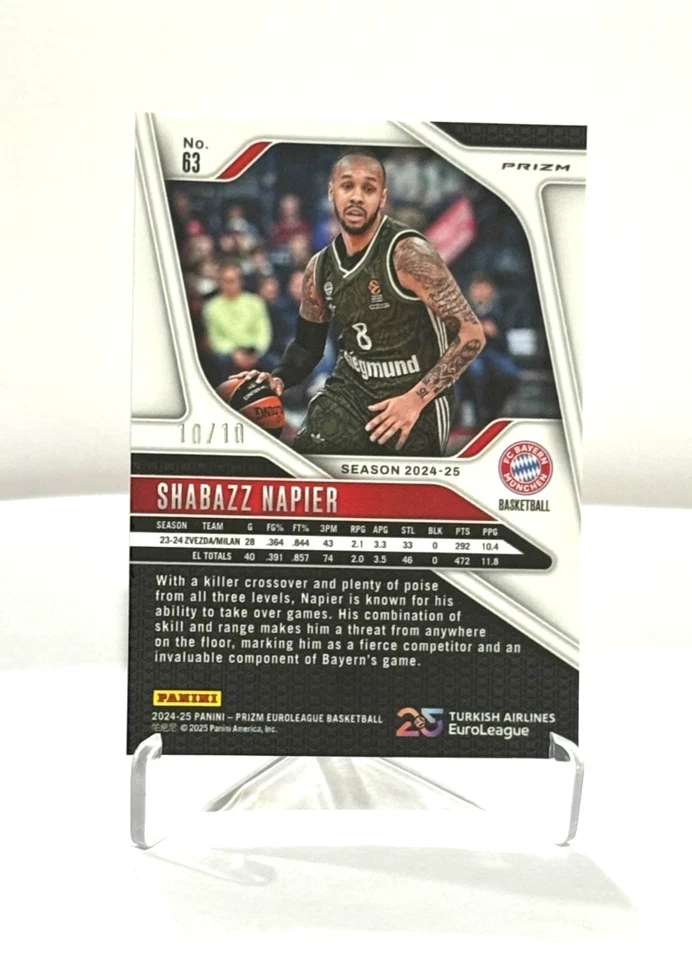 Ouro #'d /10! Shabazz Napier 2024-25 Panini Prizm EuroLeague Gold Prizm 10/10 - Imagem 2 de 2