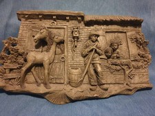 Handgeschnitztes Holzrelief Bauernhof Szene  Pferd Familie Wandbild Vintage Deko