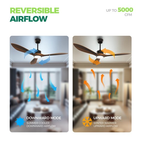 52’’Ceiling Fan with Light, 3 Solid Wood Blades, 3-Color Light 6-Speed Outdoo... - Picture 5 of 9