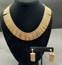 Egyptian Revival spoked Gold Tone Cleopatra 19” Necklace & Earring Set C1392