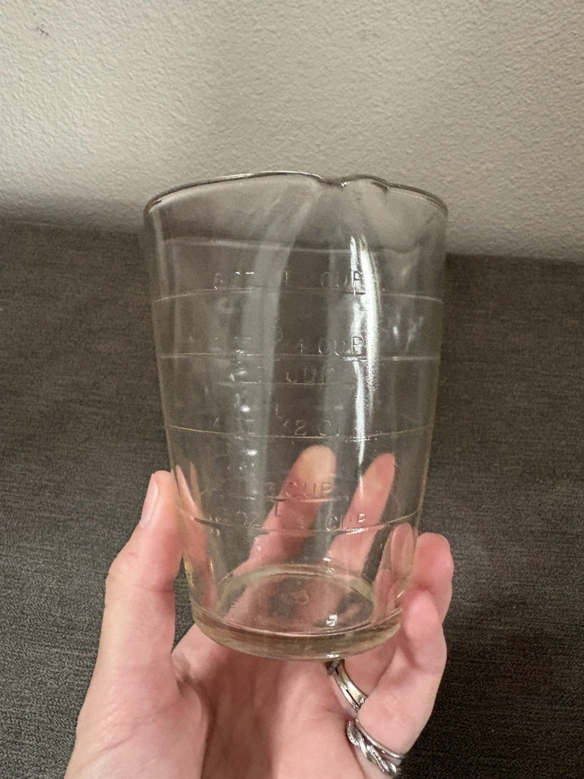 Rare Vintage Fire-King Tri Spout Glass Measuring Cup F-Shield Embossed Glass