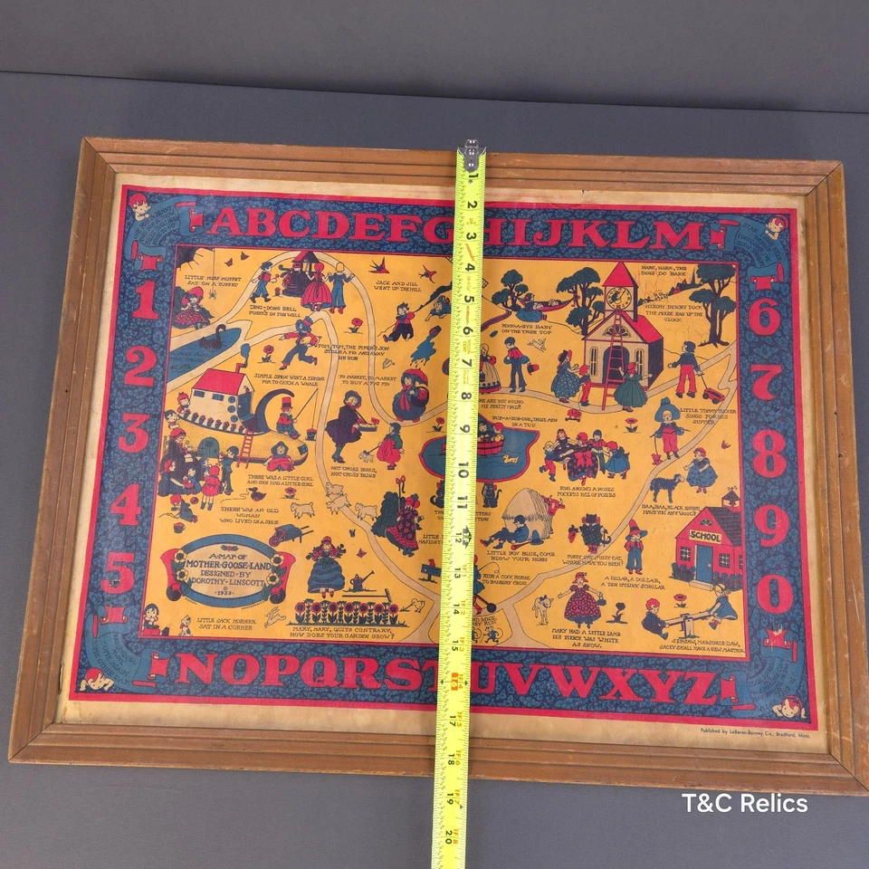 Impresión artística de madre ganso 1933 mapa de rima infantil números ABC enmarcado en madera 18x23x1 Foto 2 de 4