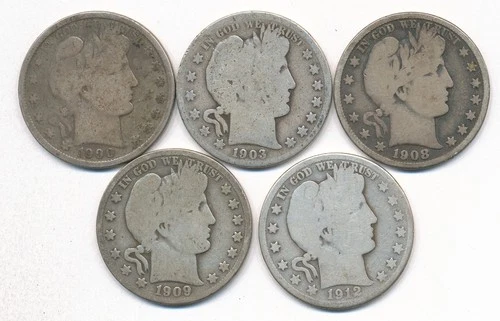 LOT OF 5 DIFFERENT BARBER SILVER HALF DOLLARS 1900P 1903S 1908D 1909S 1912D