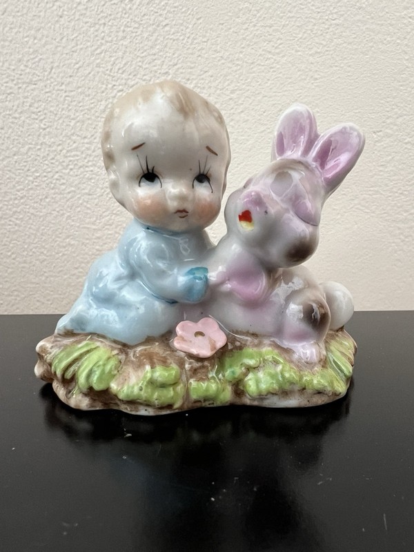 Vintage Mid Century Bunny Rabbit And Baby Japan Figurine, Spring Easter Decor